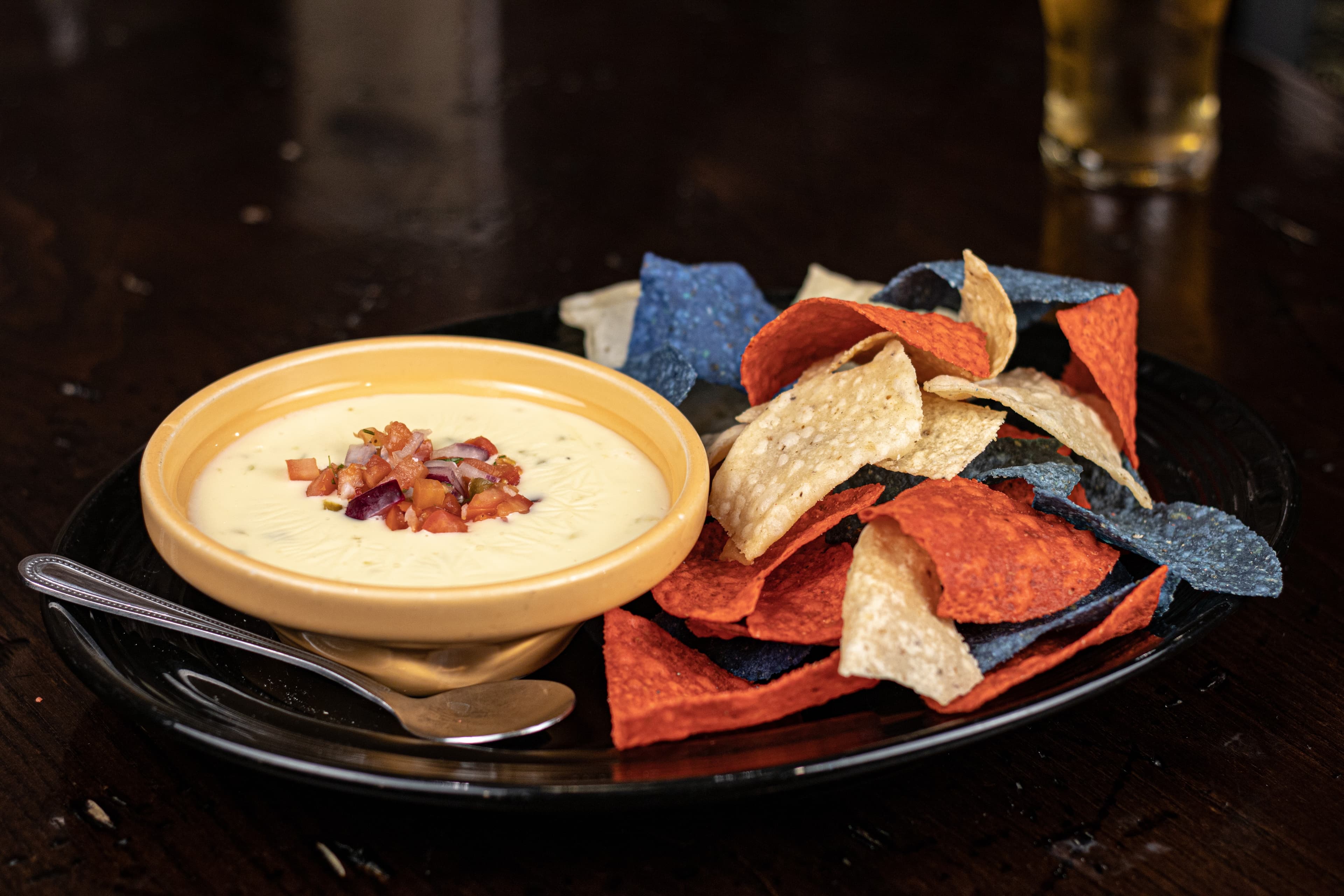 Molten Cheese Dip with red, white & blue tortilla chips